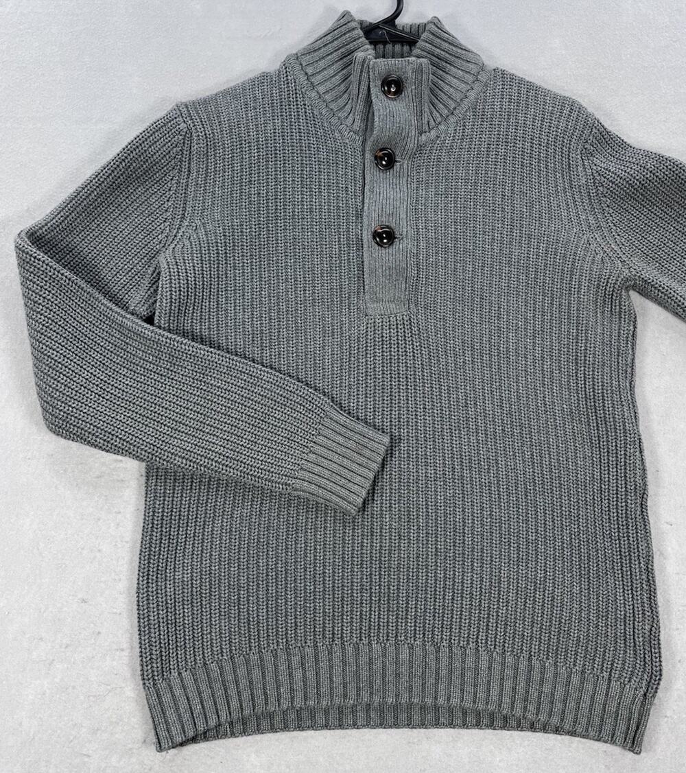H&M LOGG Mens Medium Gray Cotton Chunky Knit Mock Neck Button Sweater